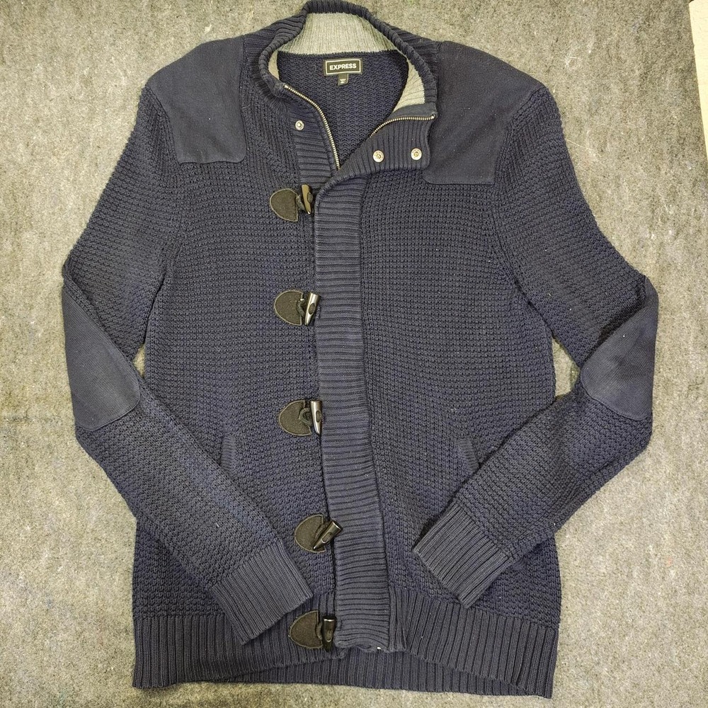Express Mens XL Navy Blue Waffle Knit Toggle Full Zip Cardigan Sweater Military